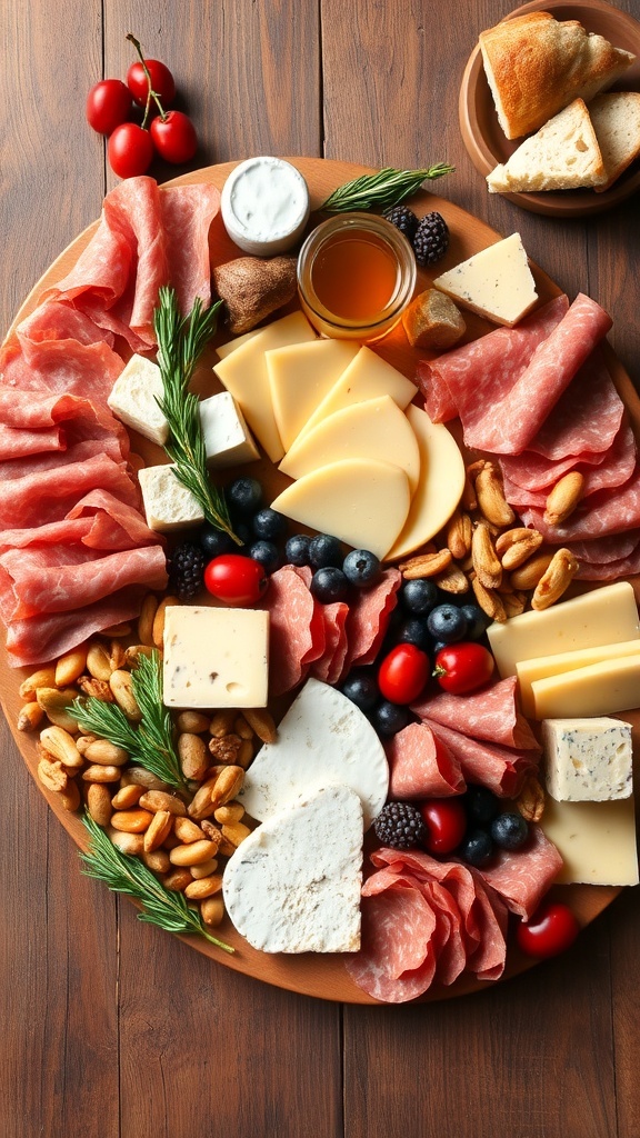 A festive charcuterie board with meats, cheeses, fruits, and nuts, perfect for a Christmas party.